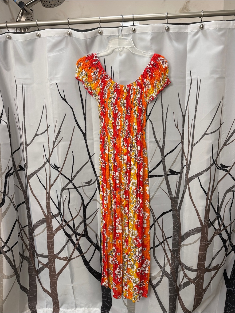Women's Orange Floral Off-Shoulder Maxi Dress